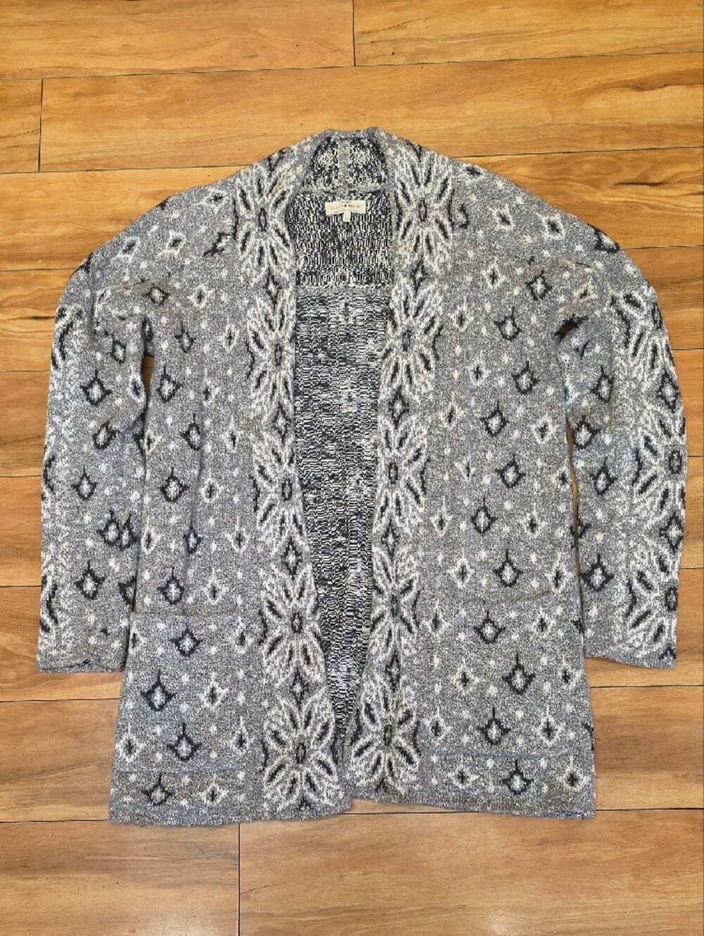 Lucky Brand Aztec Southwestern Open Front Cardigan Sweater Grey Black Size XS
